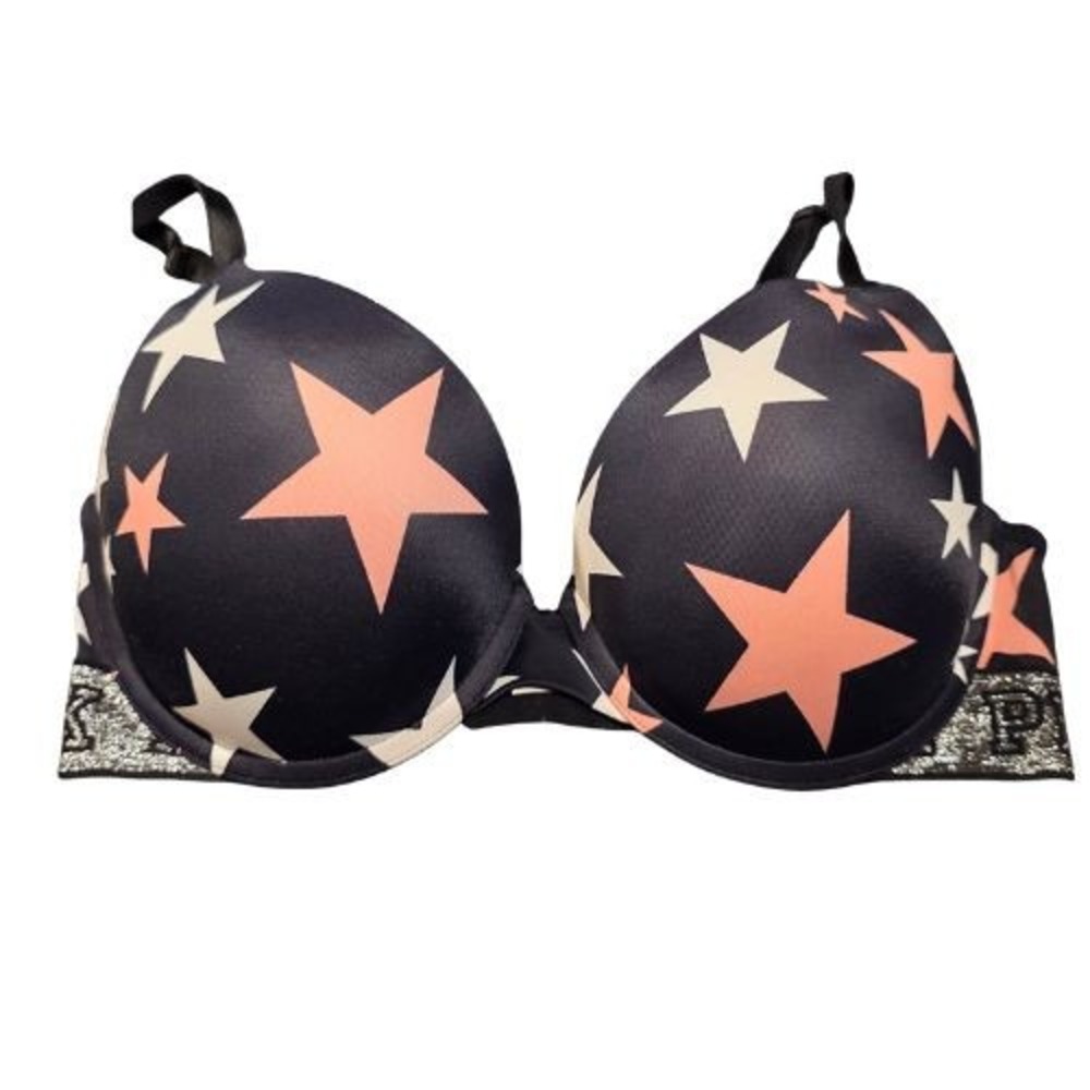Victoria's Secret PINK Wear Everywhere Push-Up Bra Navy Pink Stars Glitter 32DD